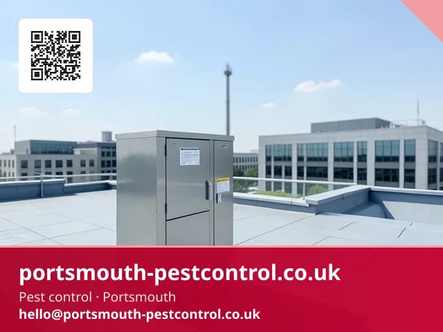 Rooftop bait station being checked on a large commercial building