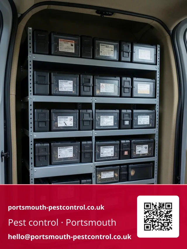 Van interior shelving holding a neat row of sealed tamper-resistant bait boxes