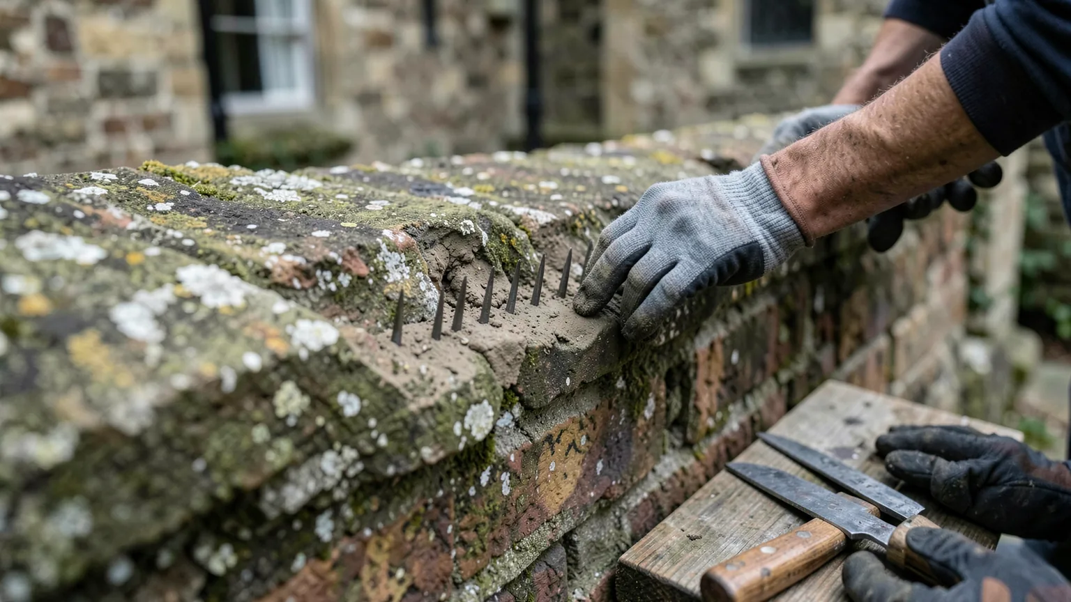 Anti-roosting spikes fitted along a Victorian parapet ledge in low afternoon light.