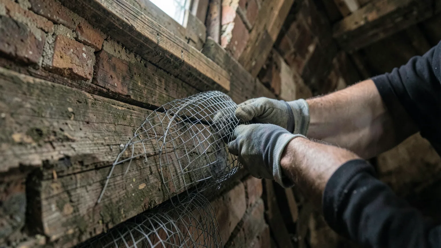 Tools and mesh laid out on the joists of a loft space, with gloved hands at the edge of the frame.