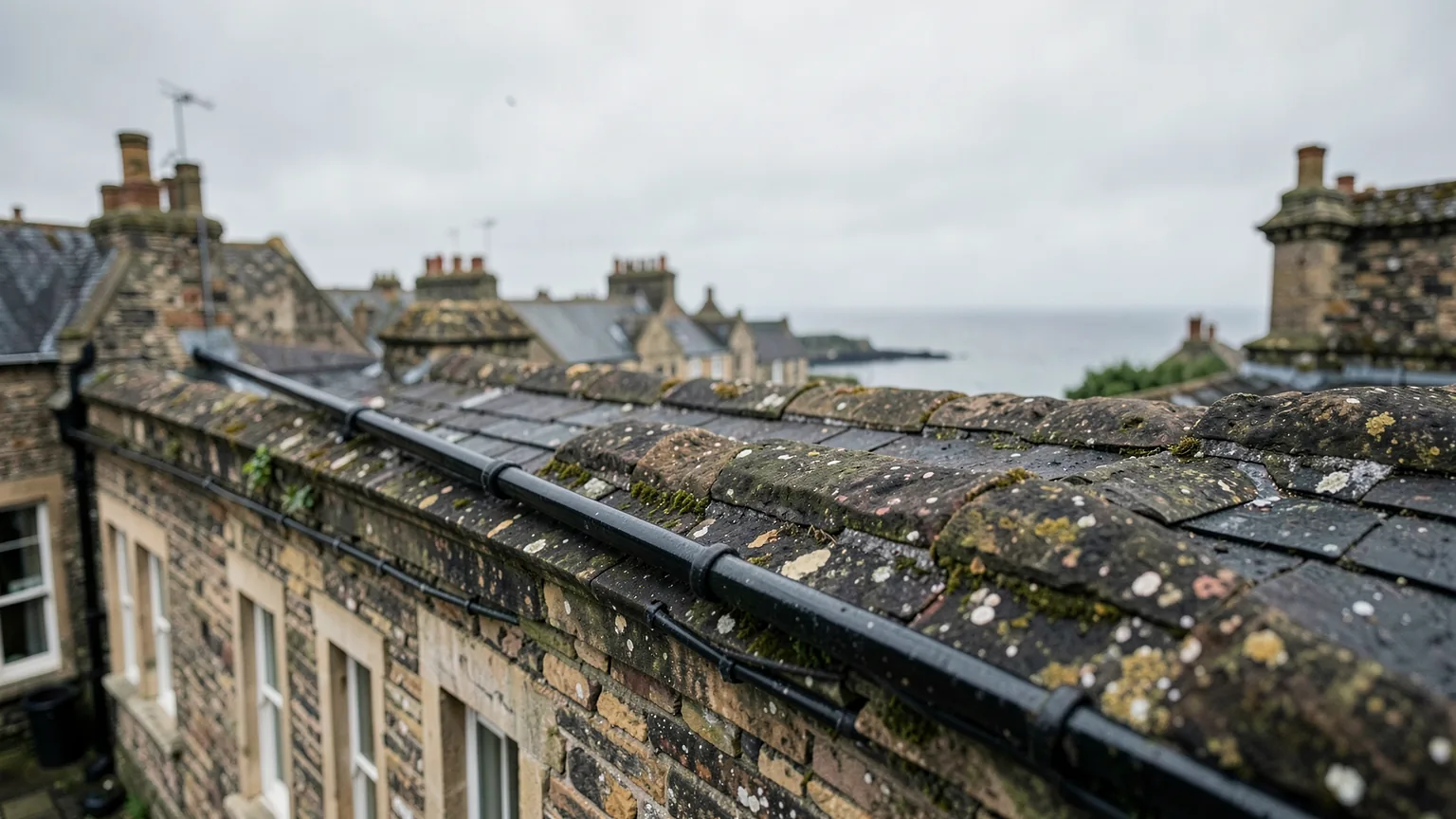 Weathered parapet and rain gutter along the roofline of a Victorian terrace in a coastal city
