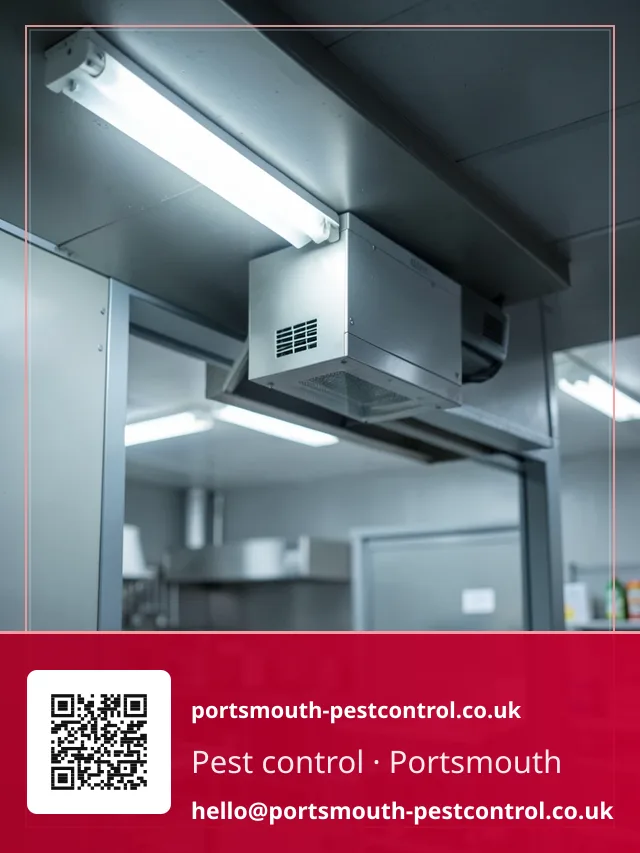 Electric light trap unit mounted above a food preparation doorway