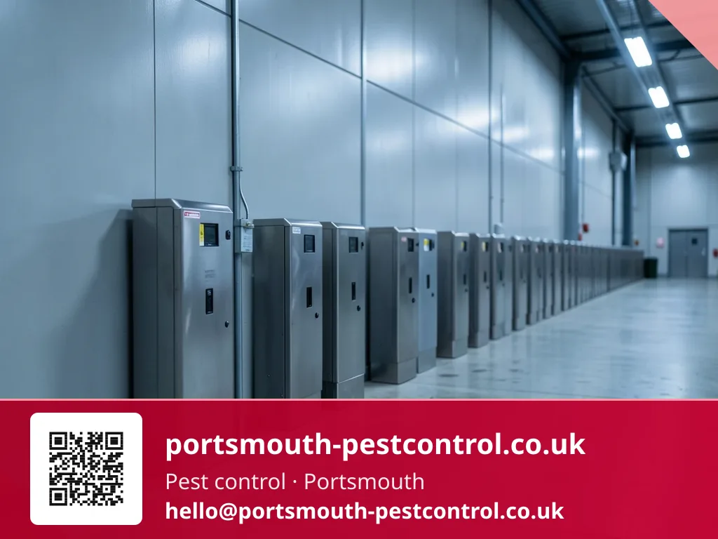 Long row of floor bait stations positioned along a warehouse perimeter wall