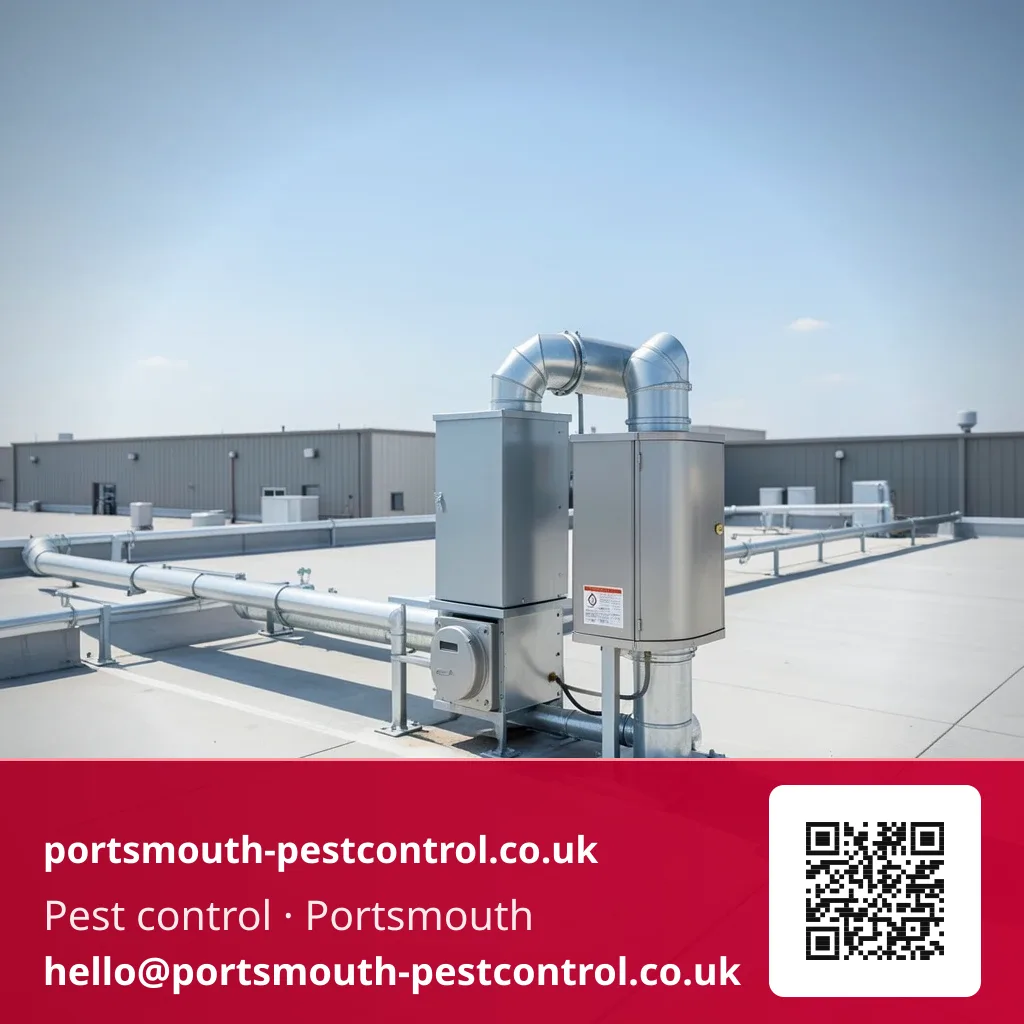Bait station secured beside rooftop plant equipment ductwork