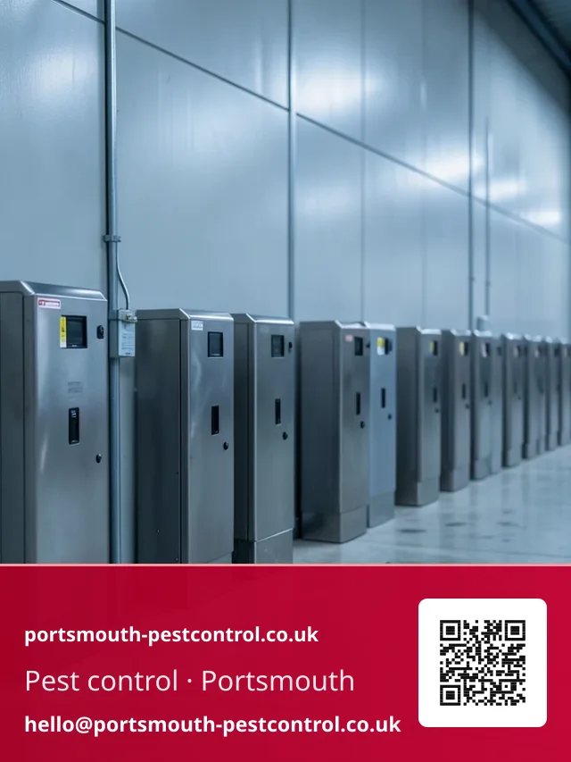 Long row of floor bait stations positioned along a warehouse perimeter wall