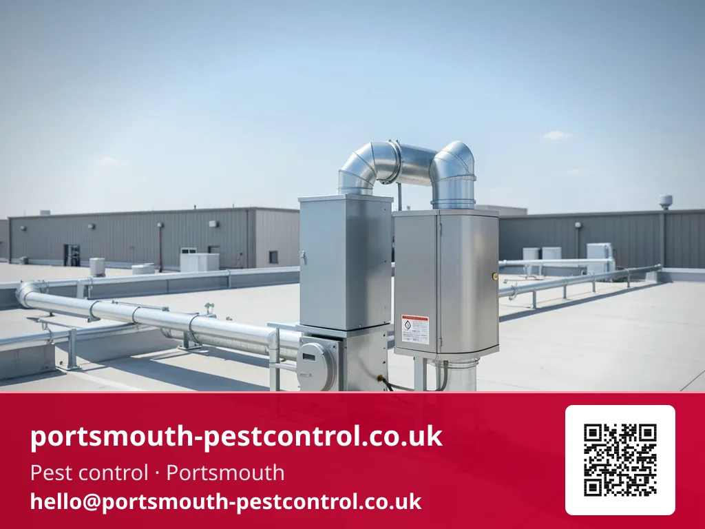 Bait station secured beside rooftop plant equipment ductwork