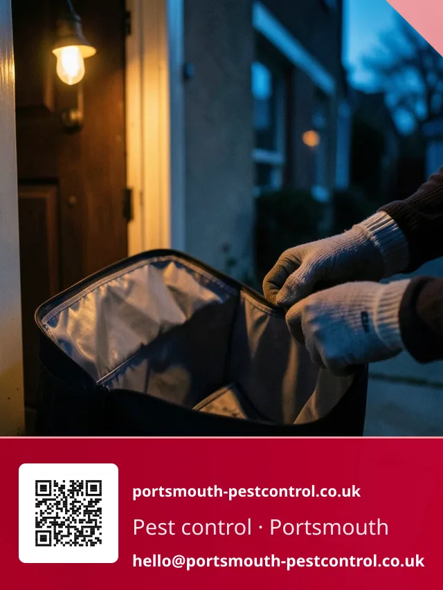 Gloved hands consulting an open kit bag at a doorway under torchlight