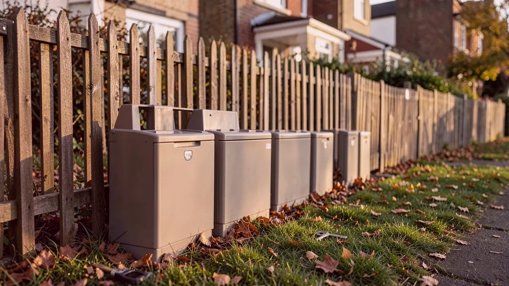 Run of tamper-resistant bait stations positioned along the base of a garden fence