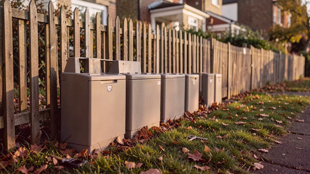 Run of tamper-resistant bait stations positioned along the base of a garden fence