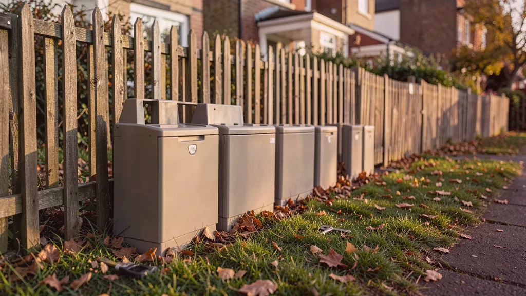 Run of tamper-resistant bait stations positioned along the base of a garden fence