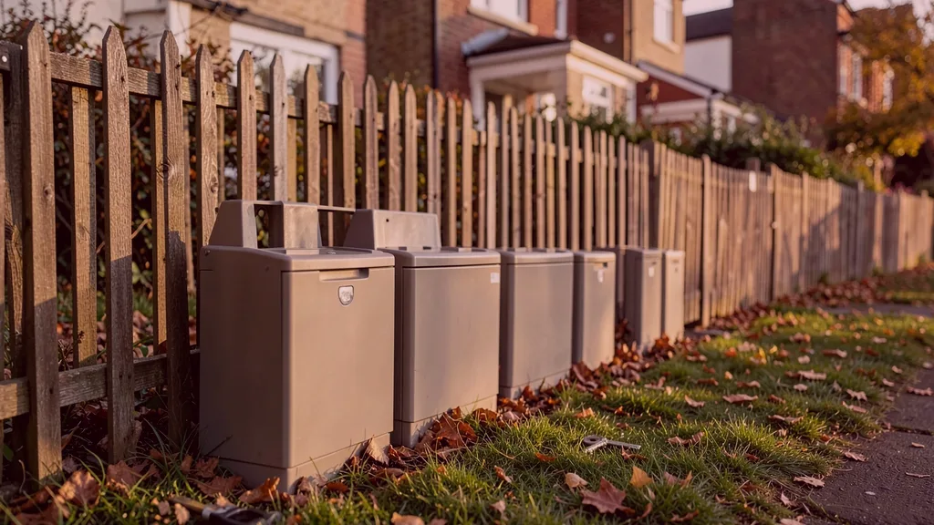 Run of tamper-resistant bait stations positioned along the base of a garden fence