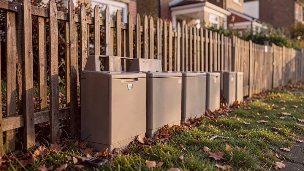 Run of tamper-resistant bait stations positioned along the base of a garden fence
