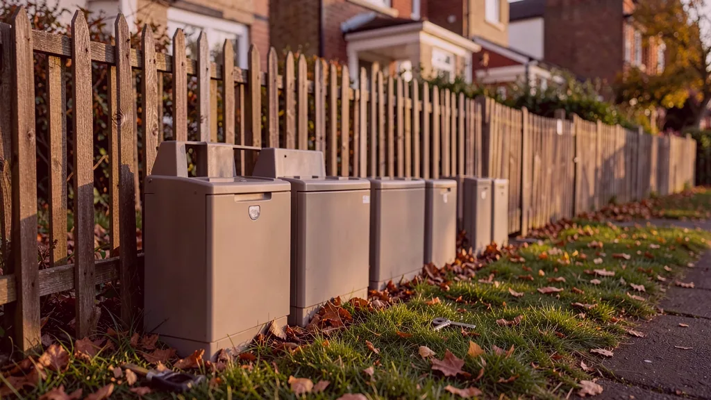 Run of tamper-resistant bait stations positioned along the base of a garden fence