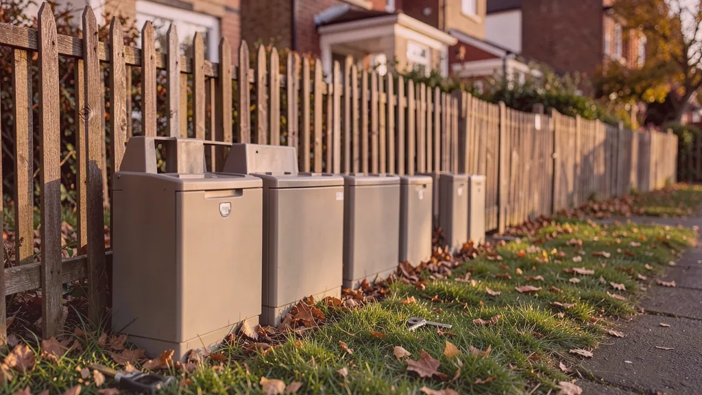Run of tamper-resistant bait stations positioned along the base of a garden fence