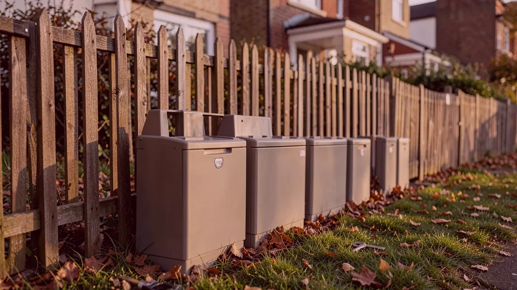 Run of tamper-resistant bait stations positioned along the base of a garden fence