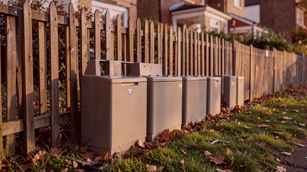 Run of tamper-resistant bait stations positioned along the base of a garden fence