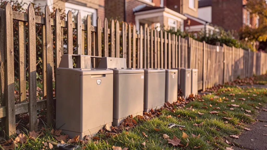 Run of tamper-resistant bait stations positioned along the base of a garden fence