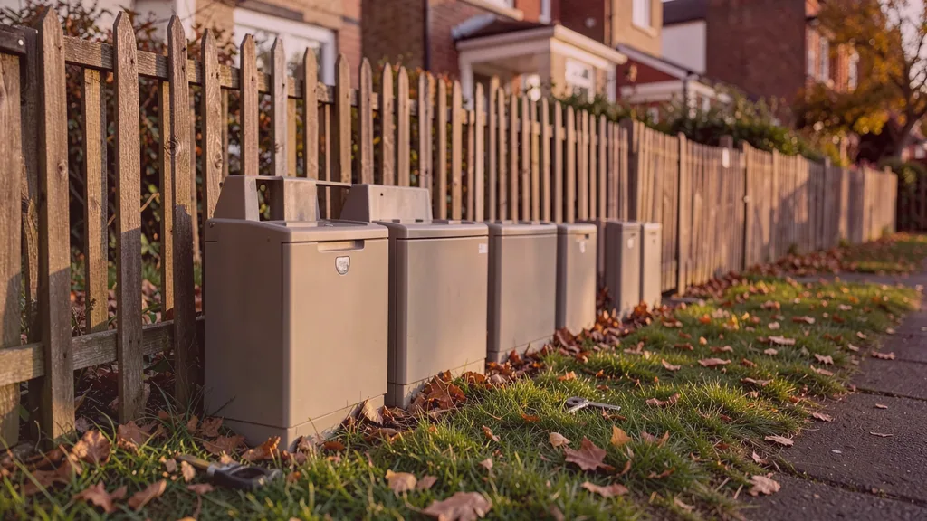 Run of tamper-resistant bait stations positioned along the base of a garden fence