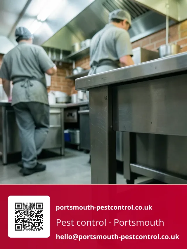 Small unbaited monitoring station tucked beside the leg of a stainless steel prep bench