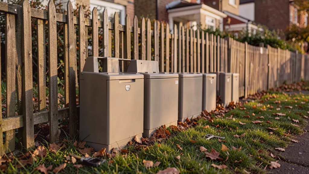 Run of tamper-resistant bait stations positioned along the base of a garden fence