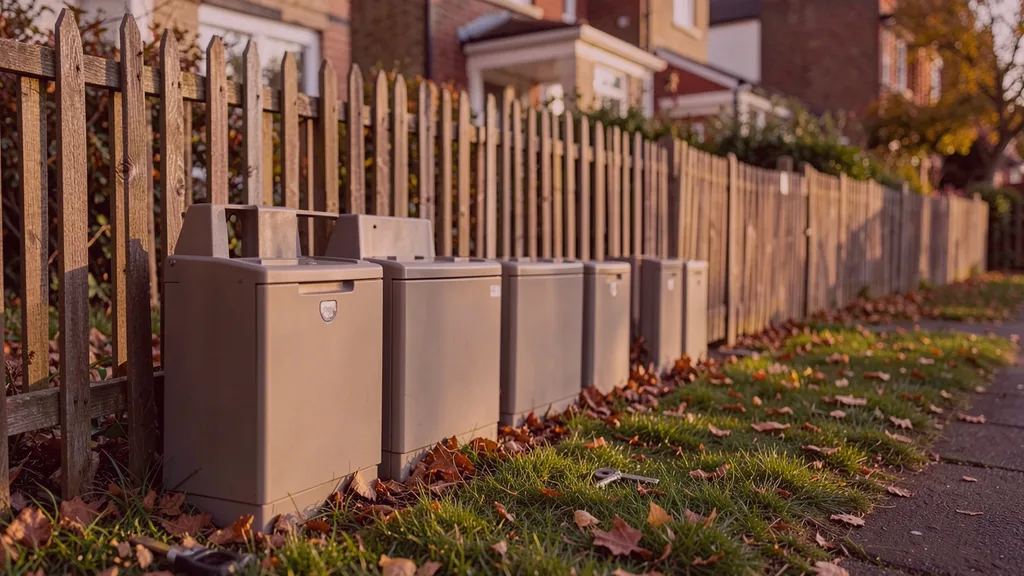 Run of tamper-resistant bait stations positioned along the base of a garden fence