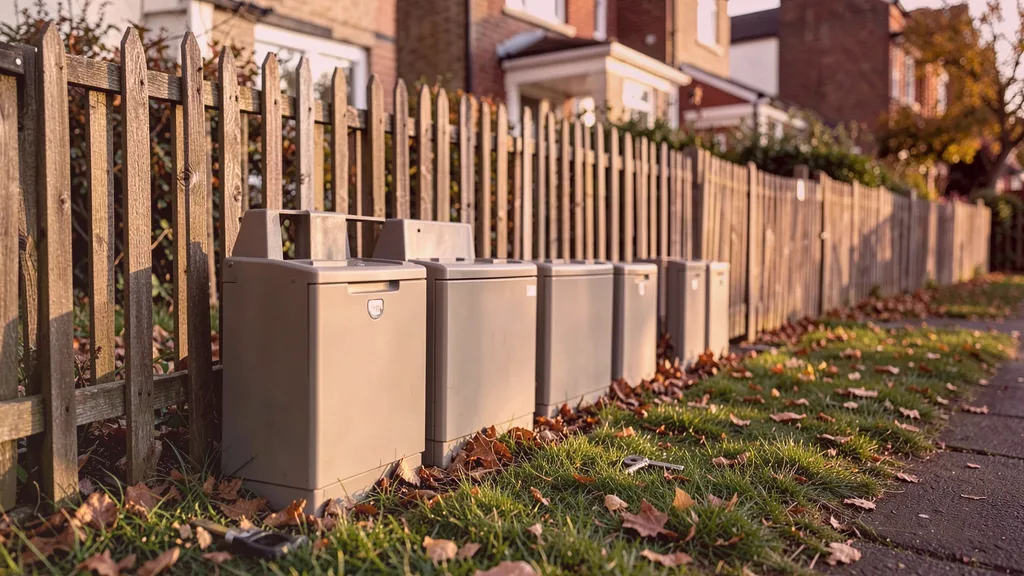 Run of tamper-resistant bait stations positioned along the base of a garden fence