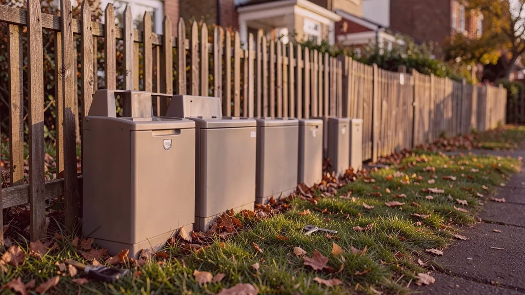Run of tamper-resistant bait stations positioned along the base of a garden fence