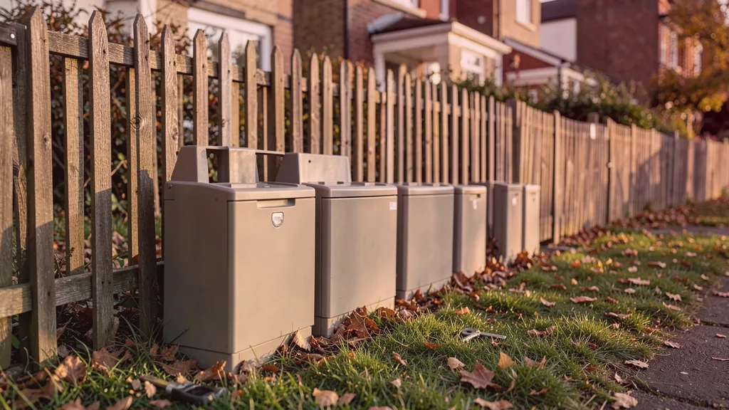 Run of tamper-resistant bait stations positioned along the base of a garden fence