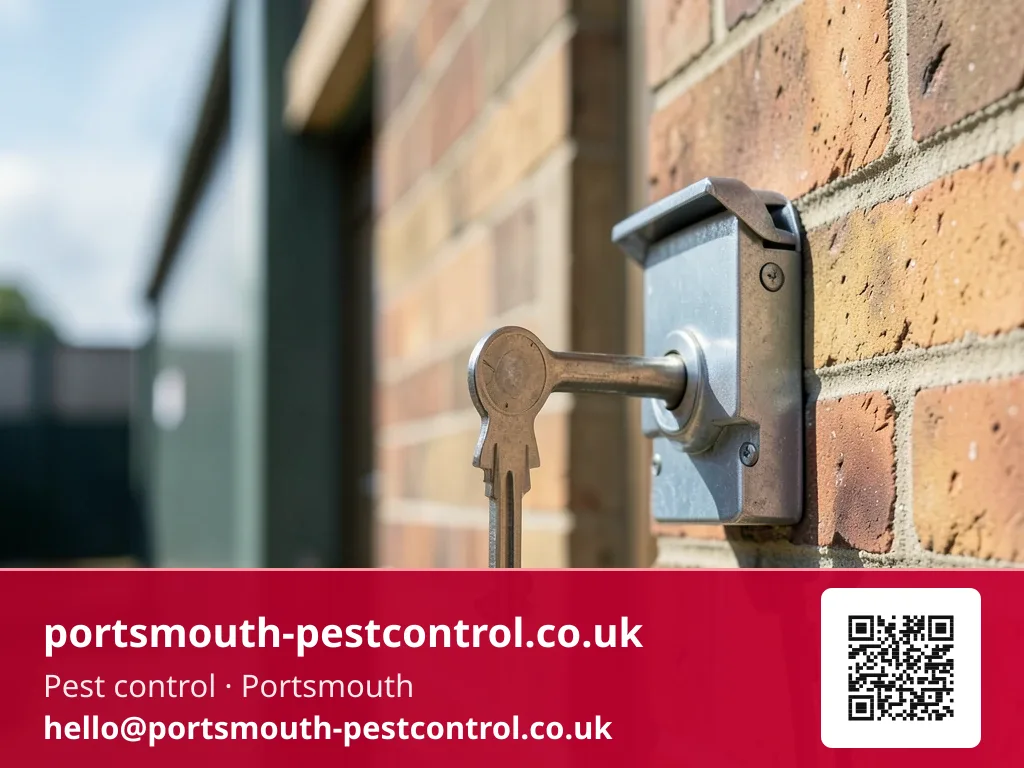 Inspection key turning in the lock of an external bait box mounted on a wall bracket