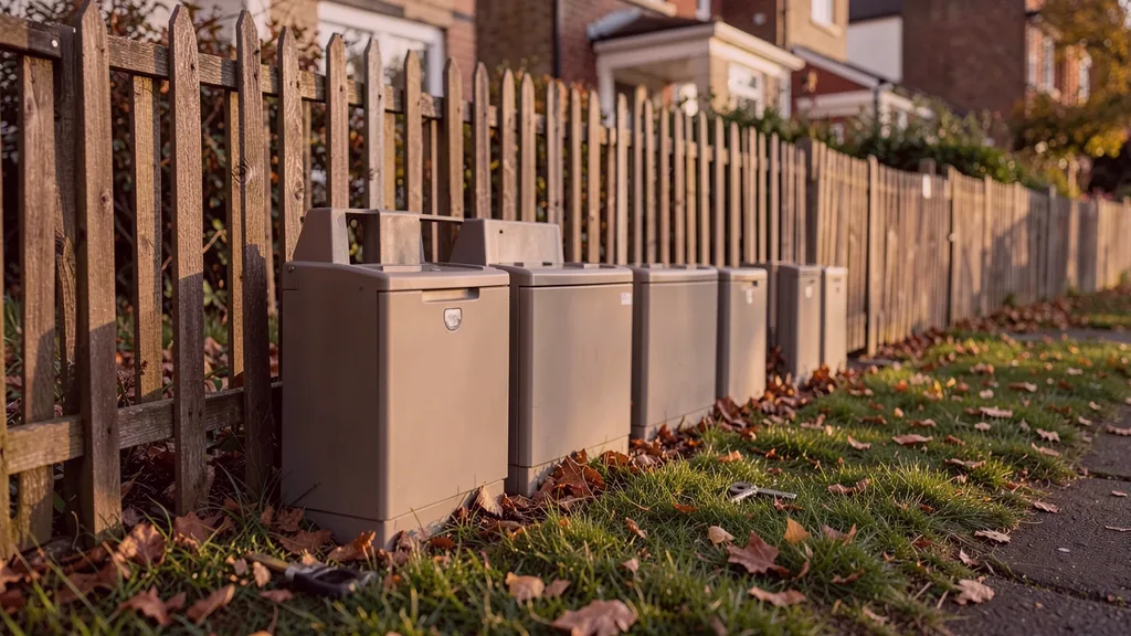 Run of tamper-resistant bait stations positioned along the base of a garden fence