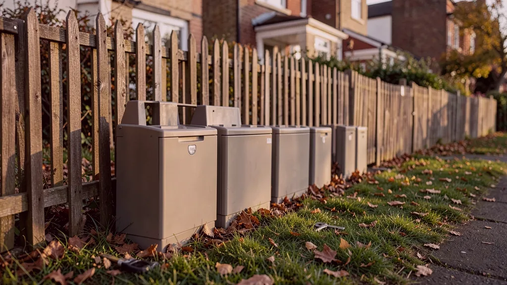 Run of tamper-resistant bait stations positioned along the base of a garden fence