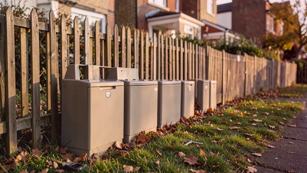 Run of tamper-resistant bait stations positioned along the base of a garden fence