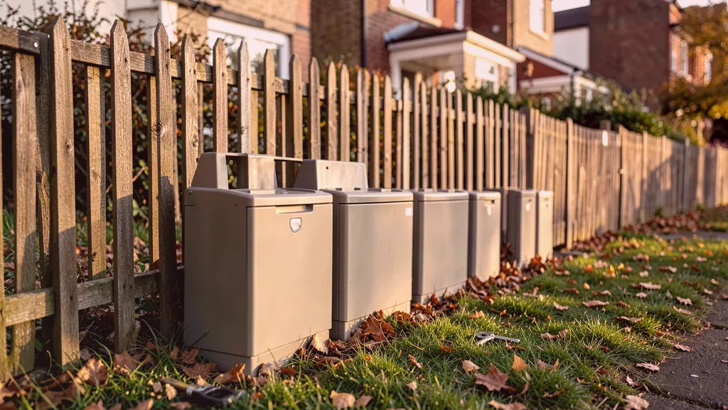 Run of tamper-resistant bait stations positioned along the base of a garden fence