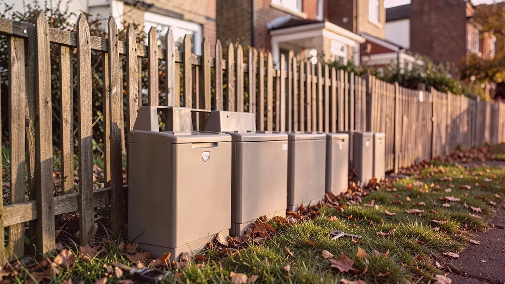 Run of tamper-resistant bait stations positioned along the base of a garden fence
