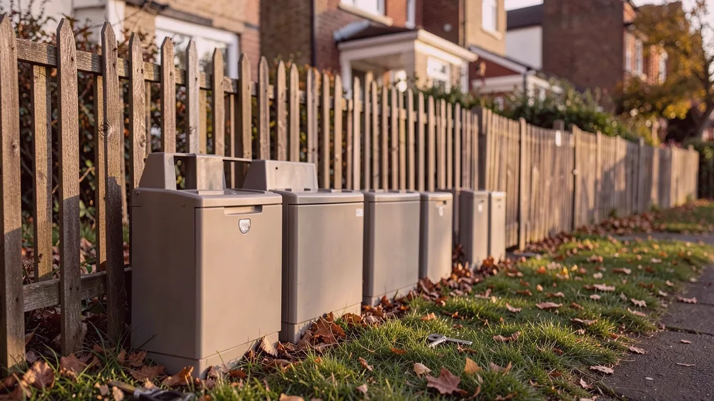 Run of tamper-resistant bait stations positioned along the base of a garden fence