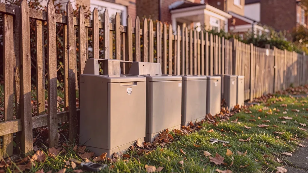 Run of tamper-resistant bait stations positioned along the base of a garden fence