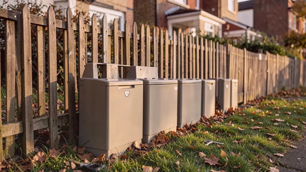 Run of tamper-resistant bait stations positioned along the base of a garden fence