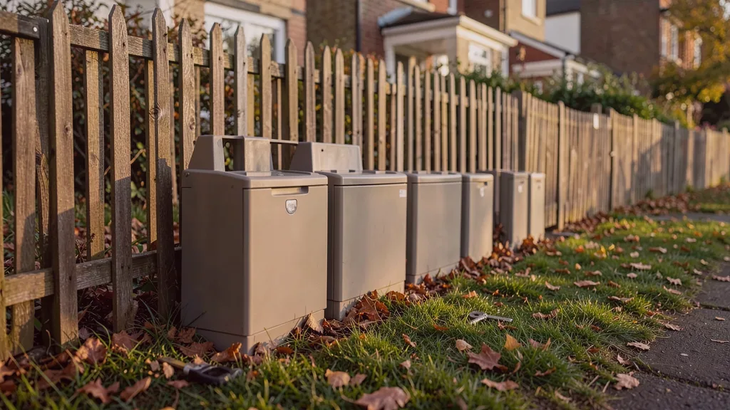 Run of tamper-resistant bait stations positioned along the base of a garden fence