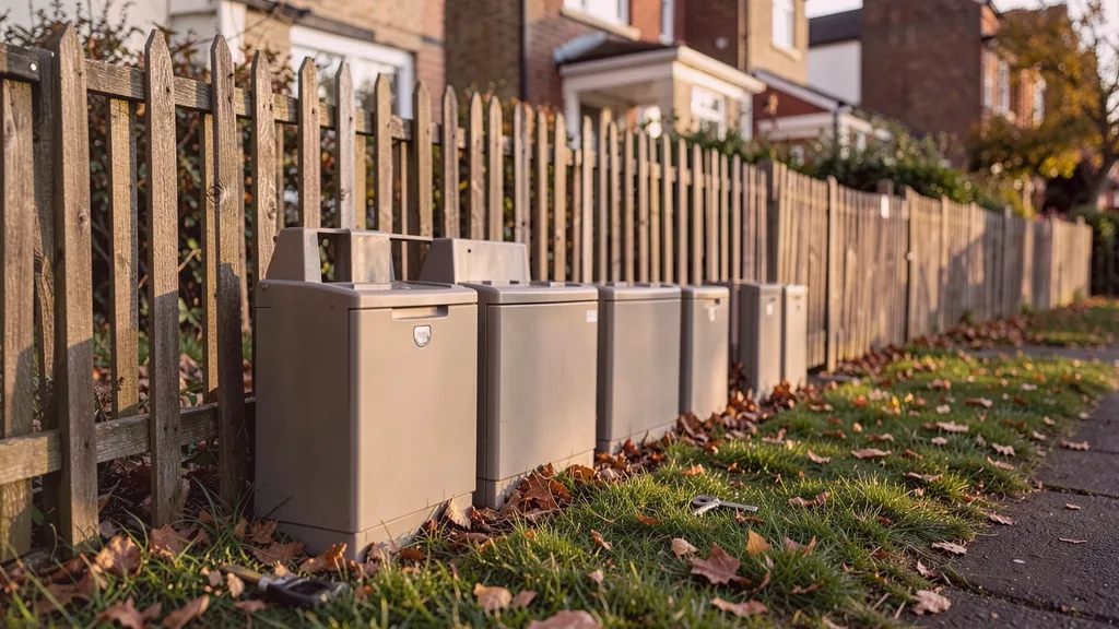 Run of tamper-resistant bait stations positioned along the base of a garden fence