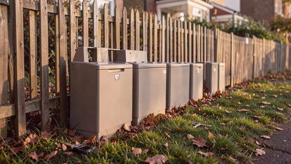 Run of tamper-resistant bait stations positioned along the base of a garden fence