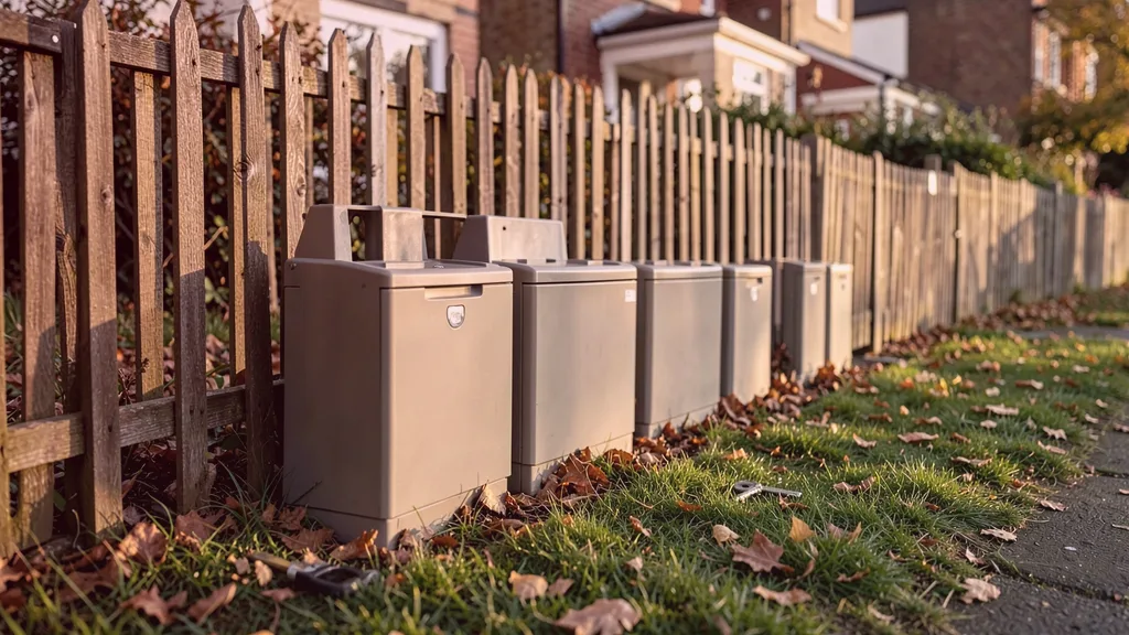 Run of tamper-resistant bait stations positioned along the base of a garden fence