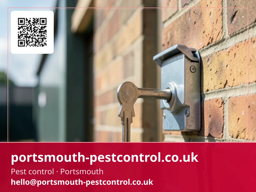 Inspection key turning in the lock of an external bait box mounted on a wall bracket
