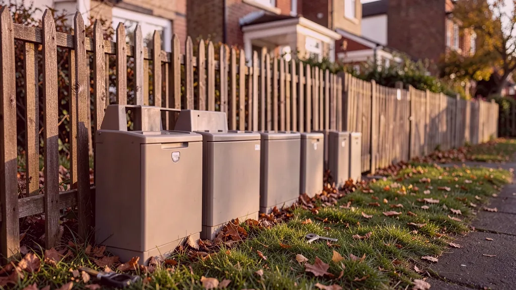 Run of tamper-resistant bait stations positioned along the base of a garden fence