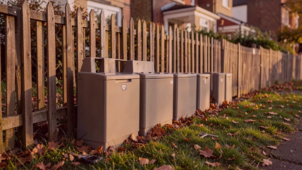 Run of tamper-resistant bait stations positioned along the base of a garden fence