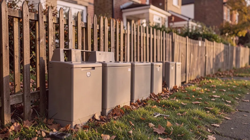 Run of tamper-resistant bait stations positioned along the base of a garden fence