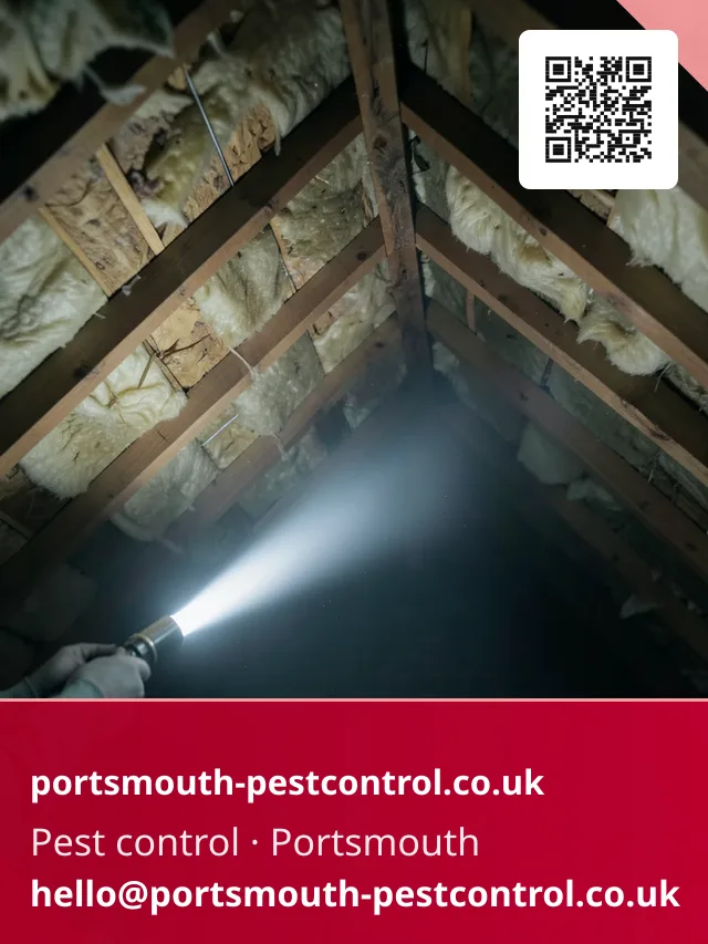 Torch beam sweeping across loft insulation and roof timbers during a void inspection