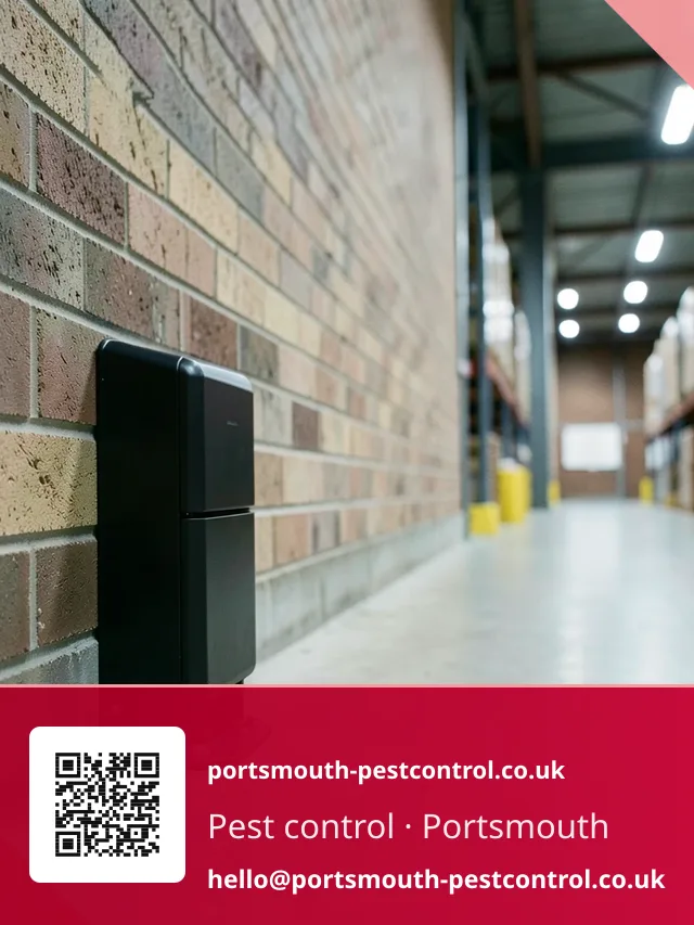 Black low-profile floor bait station being clipped shut against a warehouse wall