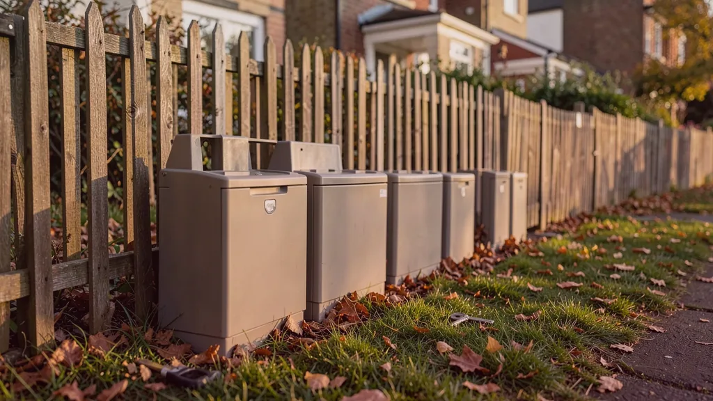 Run of tamper-resistant bait stations positioned along the base of a garden fence