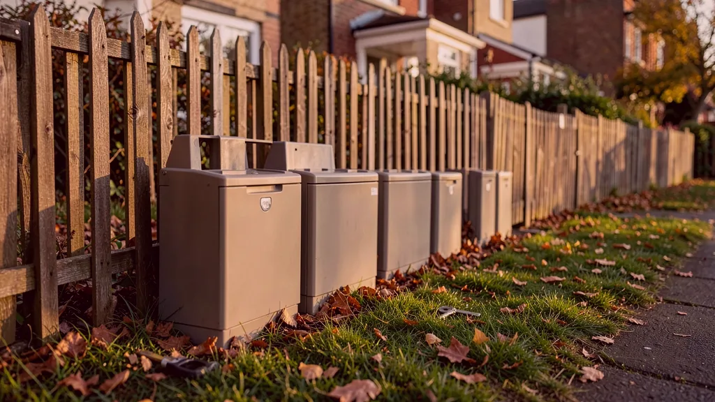 Run of tamper-resistant bait stations positioned along the base of a garden fence