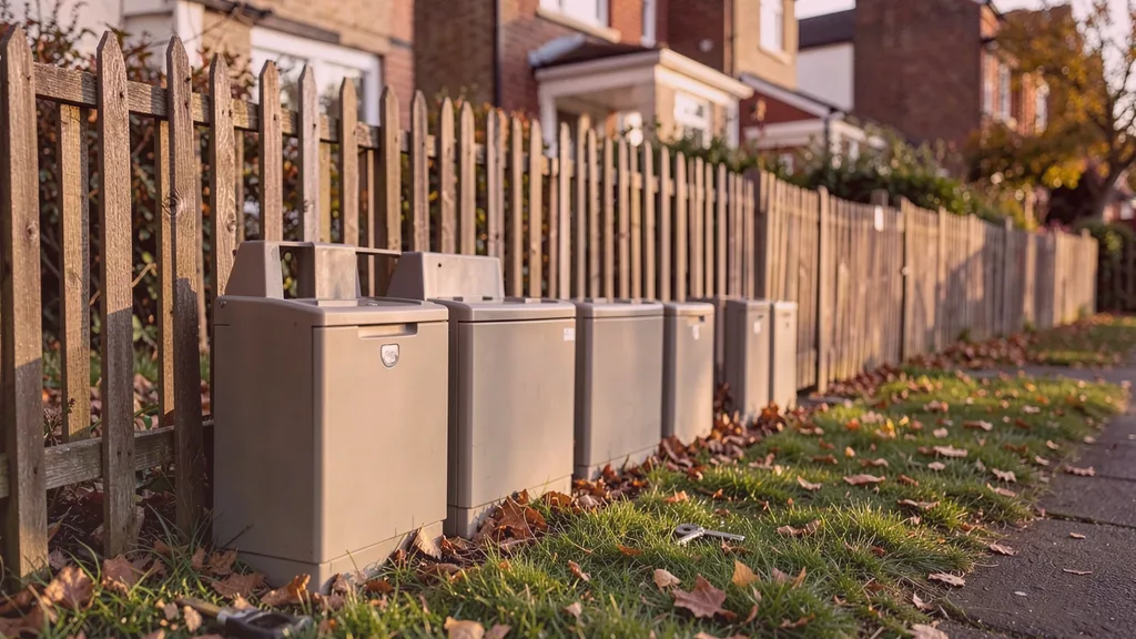 Run of tamper-resistant bait stations positioned along the base of a garden fence